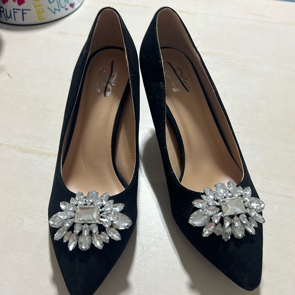 Black Faux Suede Heels with Rhinestone detail Size 7 1/2